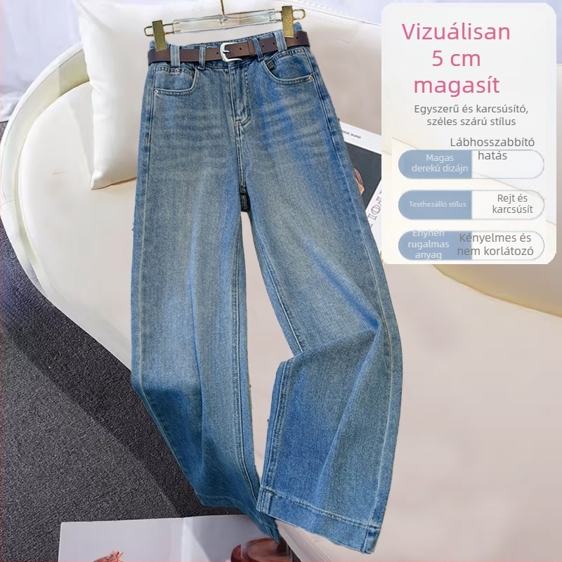 Női magas derekú straight szárú farmer, 2025 őszi-téli kollekció, karcsú sziluett, retro stílus, világoskék.