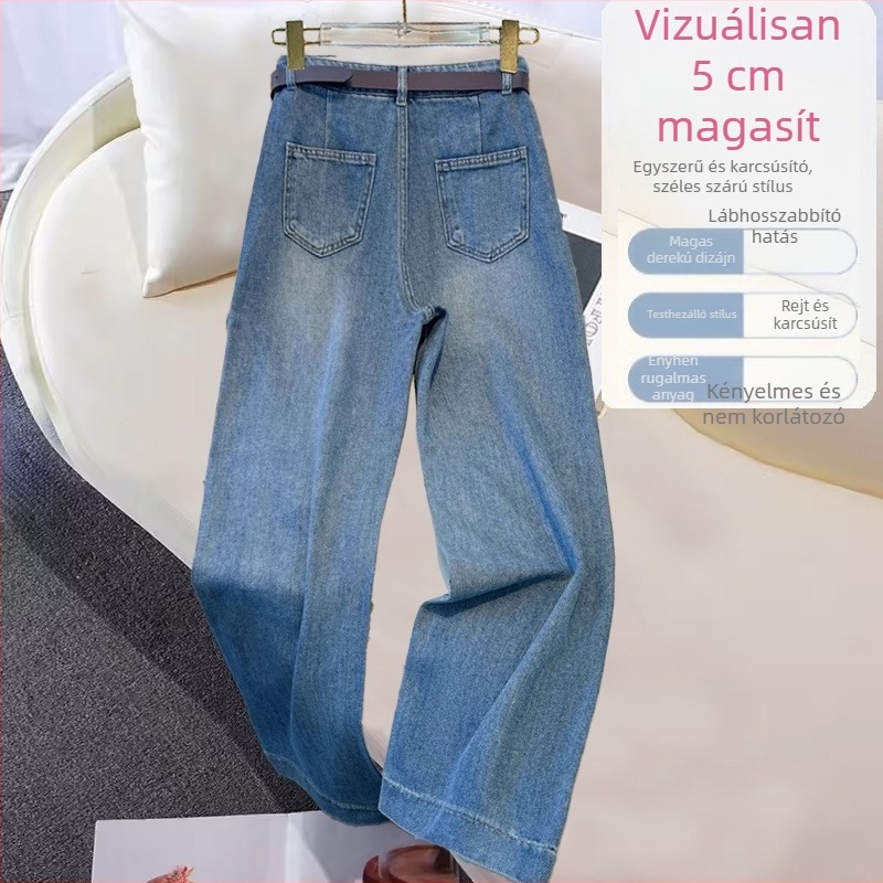 Női magas derekú straight szárú farmer, 2025 őszi-téli kollekció, karcsú sziluett, retro stílus, világoskék.