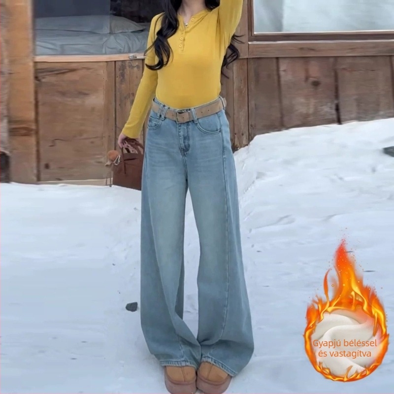 Női fleece-béléssel ellátott wide-leg farmernadrág, magas derék, laza szabás, világos mosás, kis méretekhez