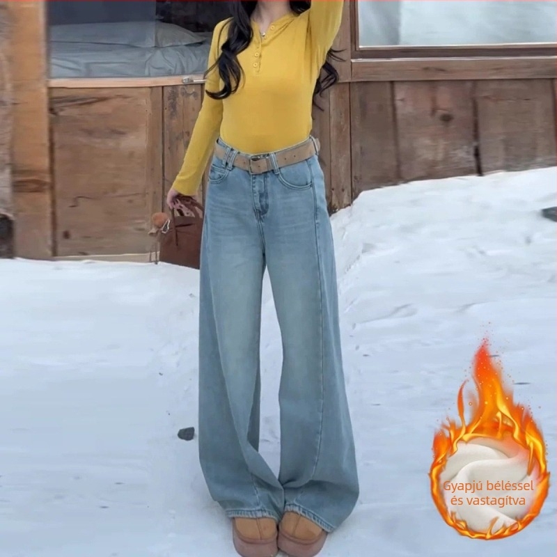Női fleece-béléssel ellátott wide-leg farmernadrág, magas derék, laza szabás, világos mosás, kis méretekhez