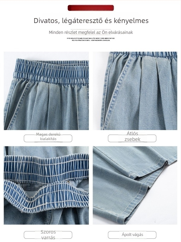 Női Tencel denim rövidnadrág, magas derekú, karcsú és lazán szabott vágás, könnyű nyár, hűs selymes érzet