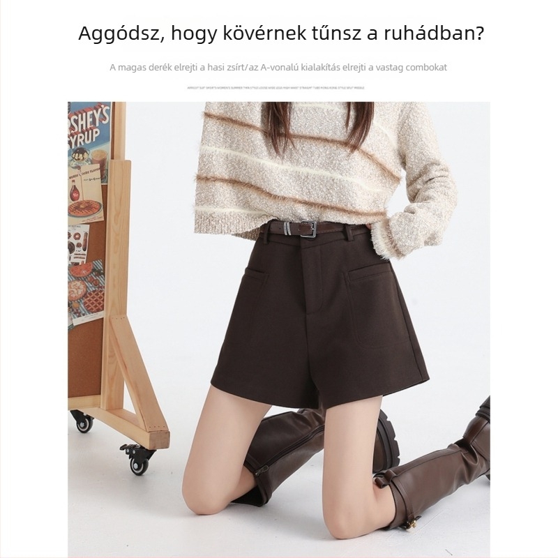 Barna gyapjú rövidnadrág nőknek, magas derekú, A-line szabás, őszi hétköznapi viselet, karcsú vonal, alacsony termetűeknek