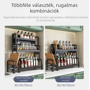 Konyhai fűszerrendező polc karbon acélból, olaj, só, szósz és ecet számára; munkalapra fúrás nélkül, többszintű, megerősített, többfunkciós.