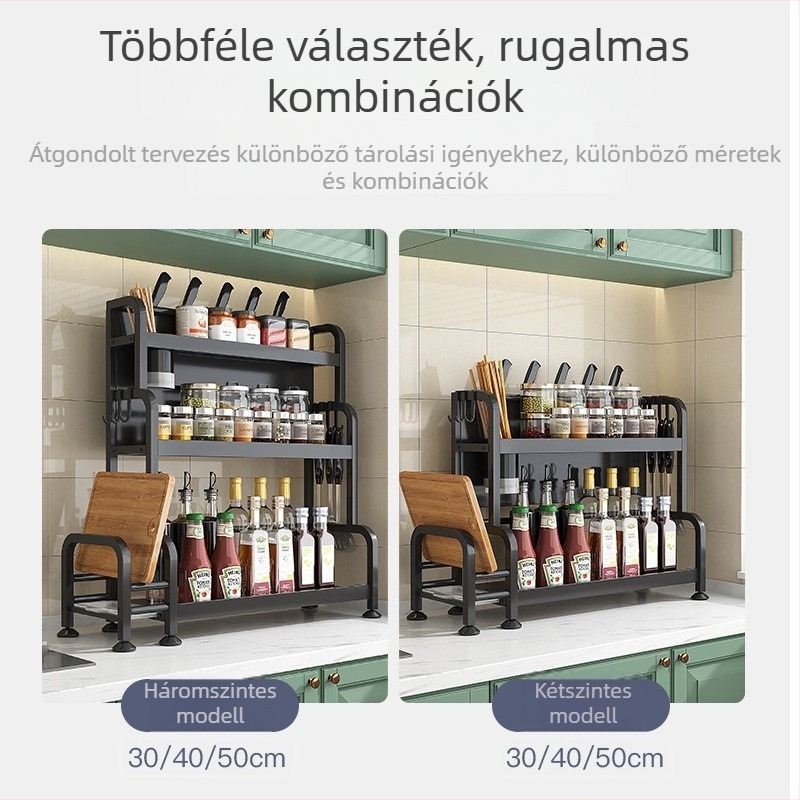 Konyhai fűszerrendező polc karbon acélból, olaj, só, szósz és ecet számára; munkalapra fúrás nélkül, többszintű, megerősített, többfunkciós.