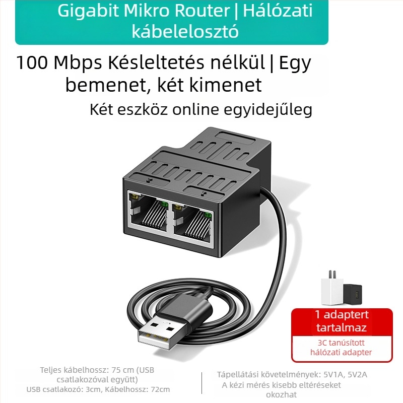 Darwen 1–2 hálózati osztóadapter egyidejű internet-hozzáféréssel, gigabites