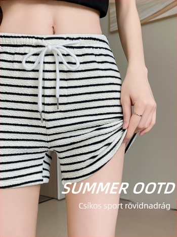 Amerikai stílusú, csíkos terry sportshort nőknek, magas derekú, nyár 2026, lazább szabású