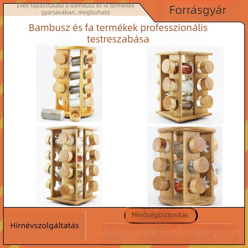 Bambusz fűszertartó polc üveggel – nedvességálló készlet fa fedővel