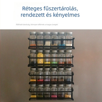 Falra szerelhető fűszertartó vasból, lyukasztás nélkül, többszintű fűszeres üvegtartó