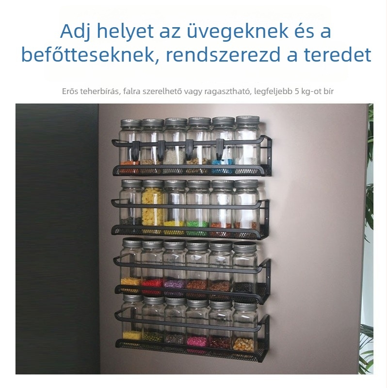 Falra szerelhető fűszertartó vasból, lyukasztás nélkül, többszintű fűszeres üvegtartó