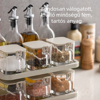 Üveg fűszerező készlet konyhai tárolóval – só-, cukor- és MSG-üvegek