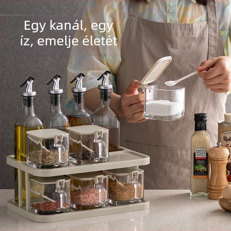 Üveg fűszerező készlet konyhai tárolóval – só-, cukor- és MSG-üvegek