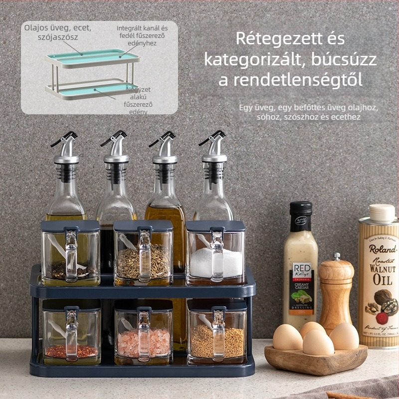 Üveg fűszerező készlet konyhai tárolóval – só-, cukor- és MSG-üvegek