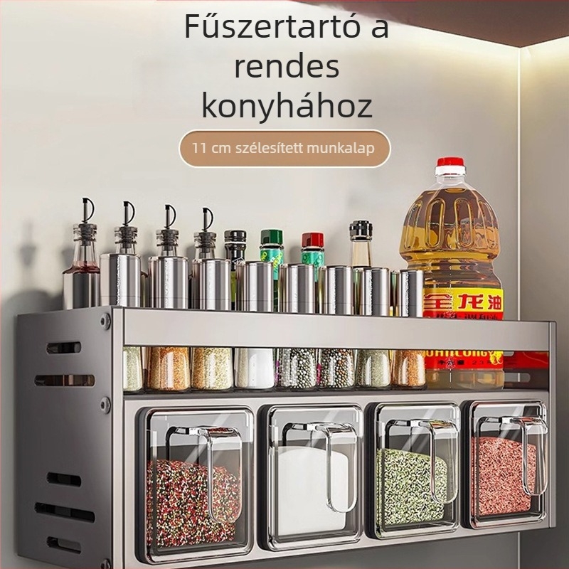 Falra szerelhető fűszertartó készlet alumíniumötvözetből – üvegedényekkel, perforáció nélkül