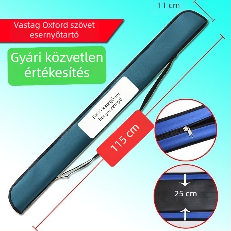 Horgász esernyő kemény héjjal, cipzáras tokkal és kiegészítőkkel; felszerelés táska és botzsák