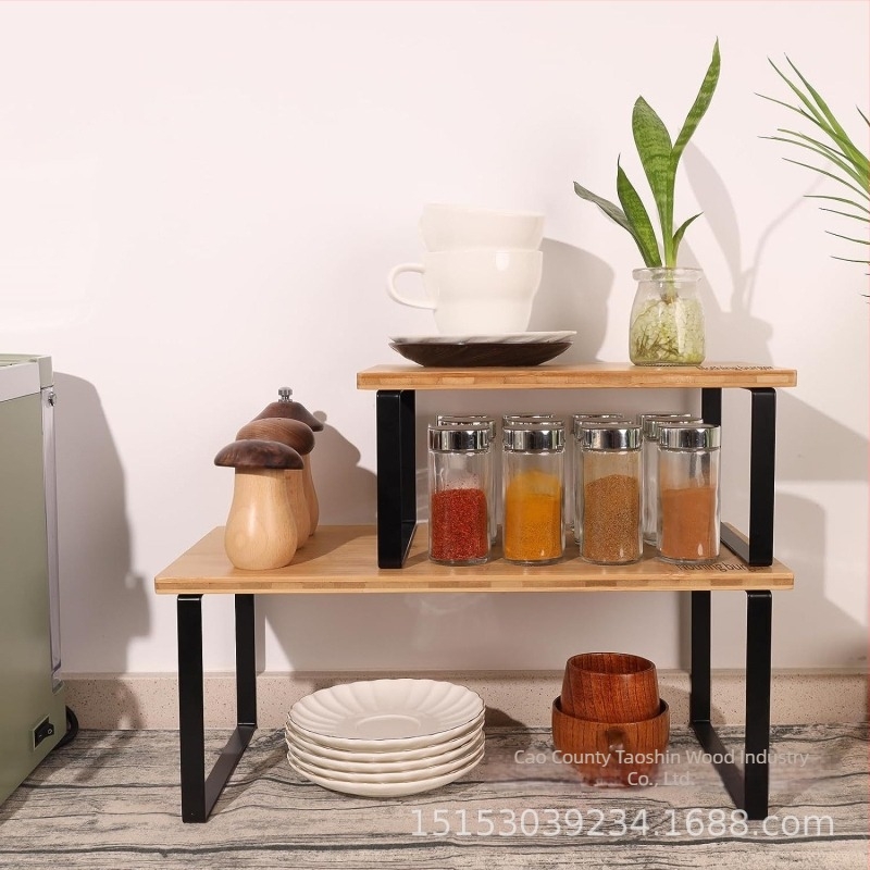 Fa asztali tároló a konyhához, többszörösen összekapcsolható fűszertartó, bambusz és kovácsoltvas dizájn