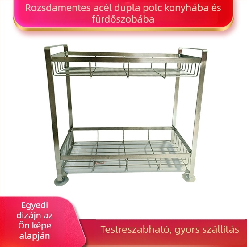 Kétszintes rozsdamentes acél konyha- és fürdőszobai tárolóállvány, fűszertartók, tálak és edények számára