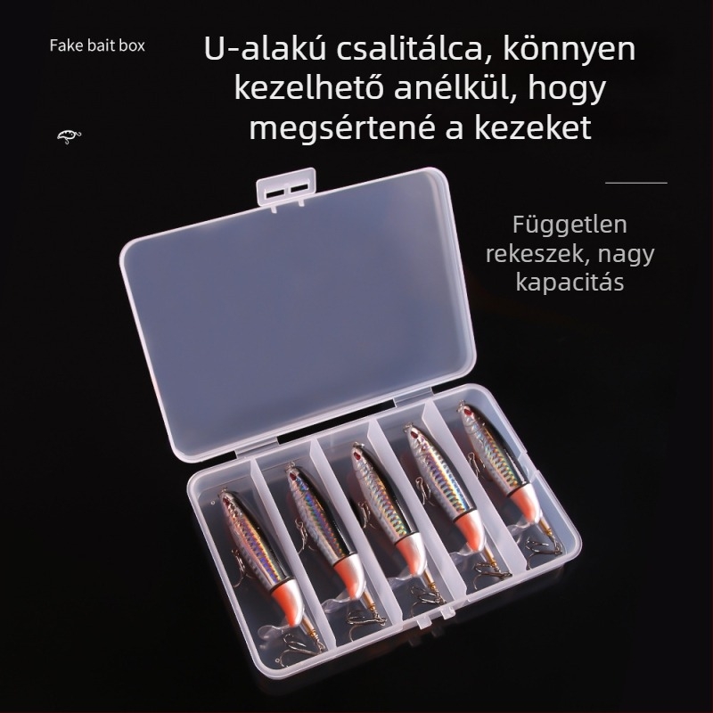 Öt rekeszes átlátszó műanyag csali- és horgászati eszközök tároló doboza