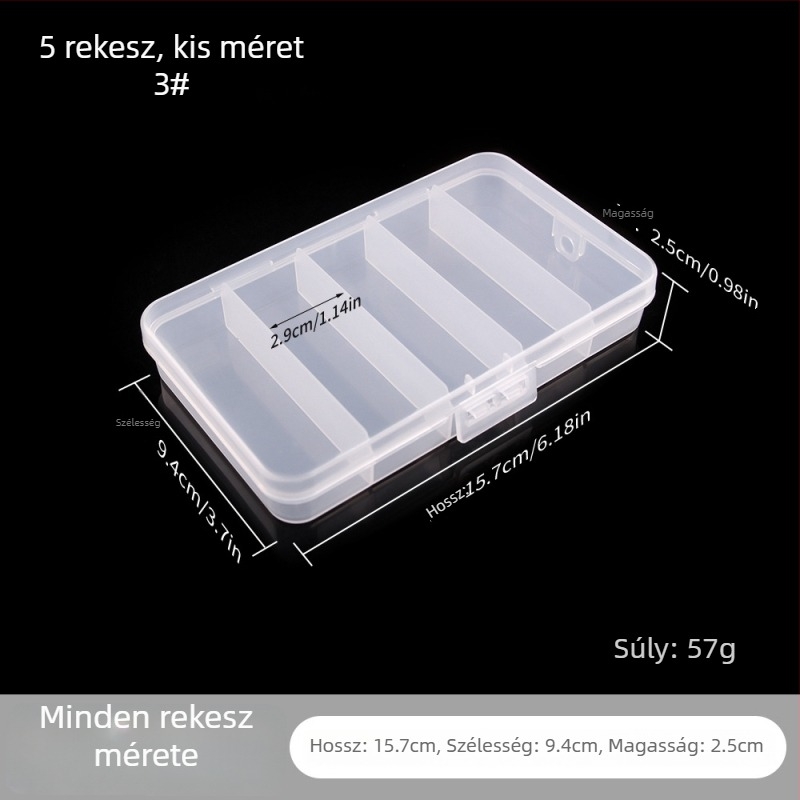 Öt rekeszes átlátszó műanyag csali- és horgászati eszközök tároló doboza