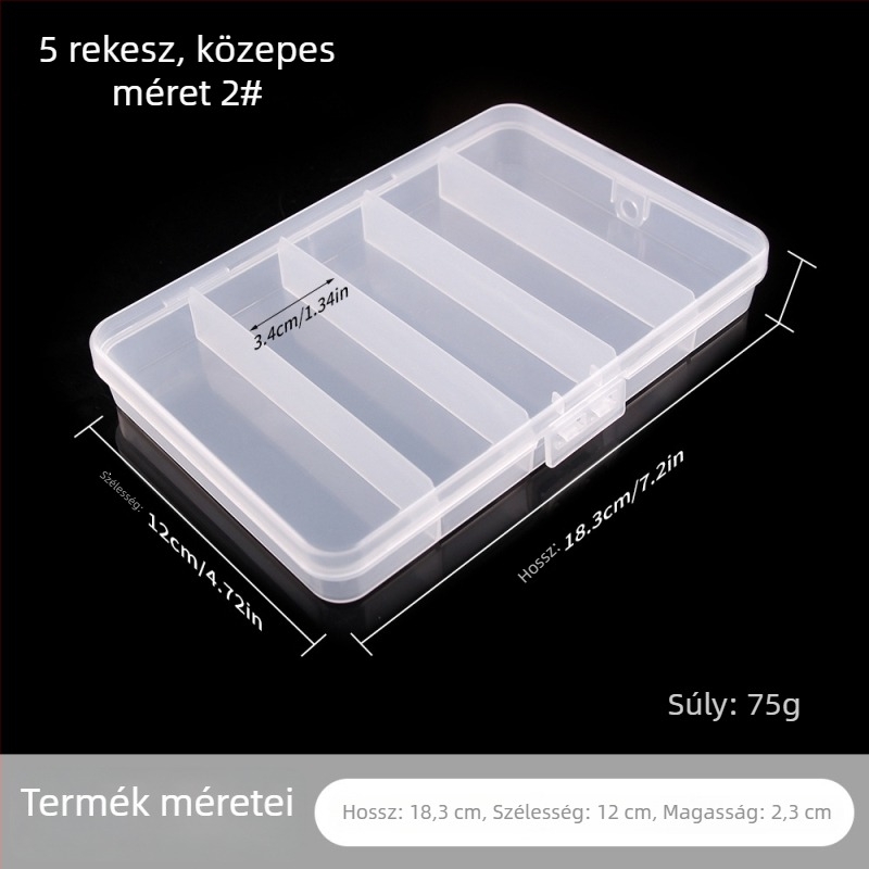 Öt rekeszes átlátszó műanyag csali- és horgászati eszközök tároló doboza