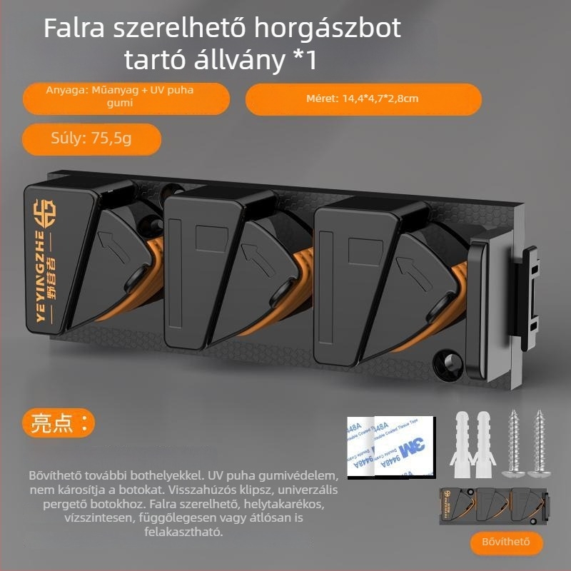 Kempinges gyorskioldású horgászbot tartó, falra szerelhető, fúrás nélkül, csipestartó a botokhoz, horgászbotok tárolása