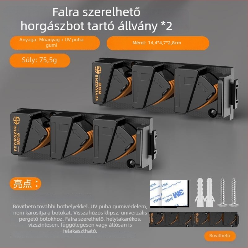 Kempinges gyorskioldású horgászbot tartó, falra szerelhető, fúrás nélkül, csipestartó a botokhoz, horgászbotok tárolása