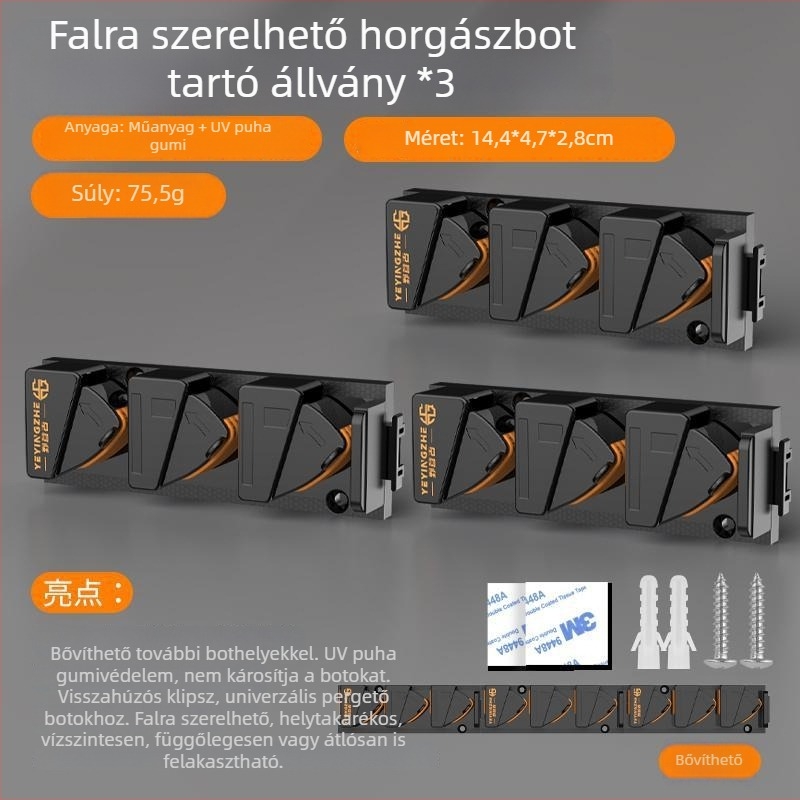 Kempinges gyorskioldású horgászbot tartó, falra szerelhető, fúrás nélkül, csipestartó a botokhoz, horgászbotok tárolása