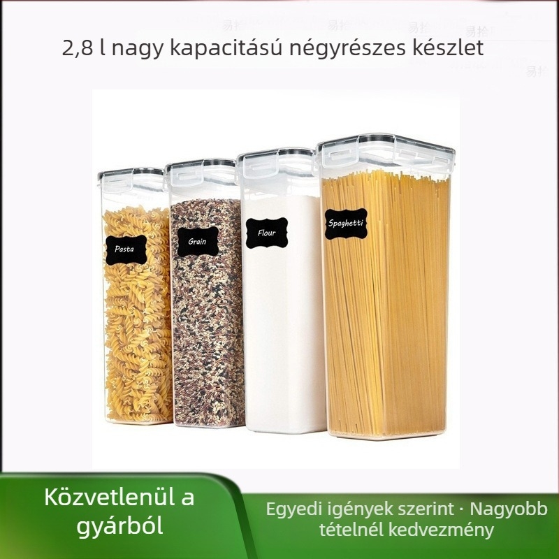 Négy darabos átlátszó PP tárolóedények, élelmiszer-minőségű anyagból, gabonák és élelmiszerek tárolására