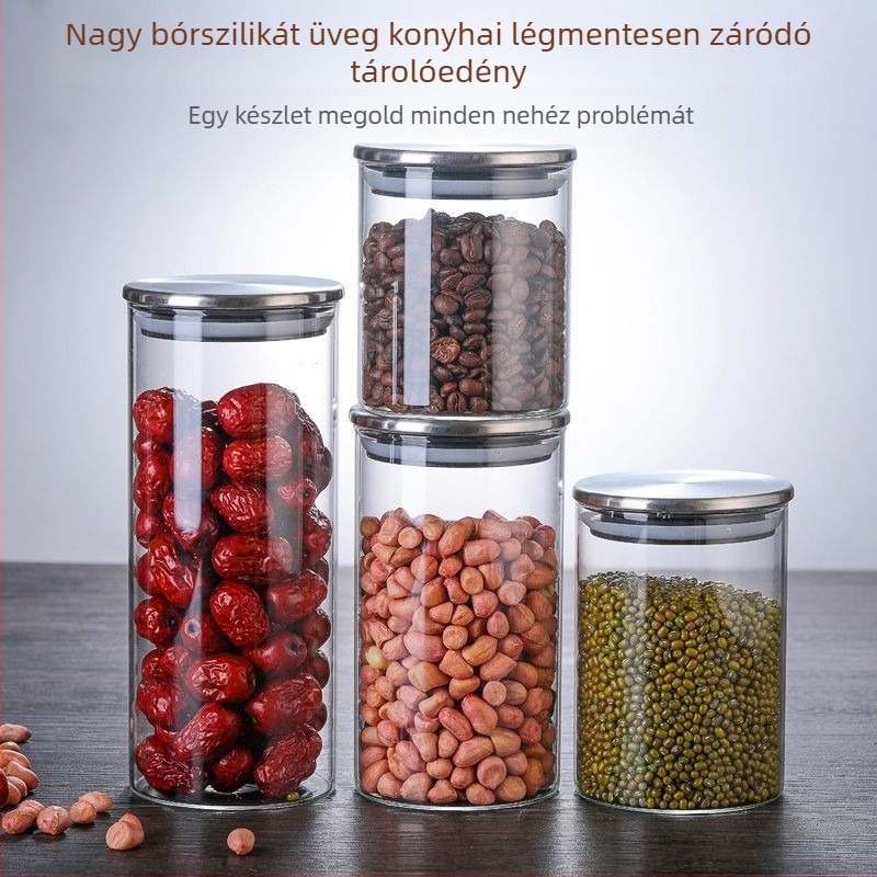 12 darabos üveg tárolókészlet rozsdamentes fedőkkel, légmentesen záródó