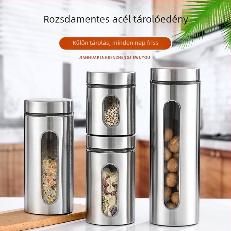 Átlátszó üveg zárható tároló rozsdamentes acél burkolattal, konyhai gabonák és tea tárolására, 1–2 L