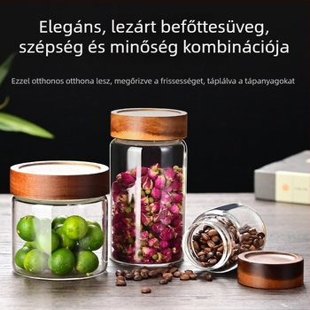 Személyre szabott, átlátszó, menetes záródású üvegtartó kávébabokhoz, gabonákhoz és teához — akácfa fedéllel