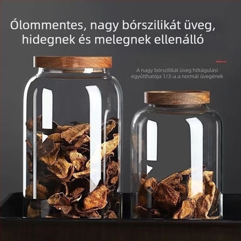 Nagy kapacitású üveg zárható edény, nedvességálló a gabonák tárolására
