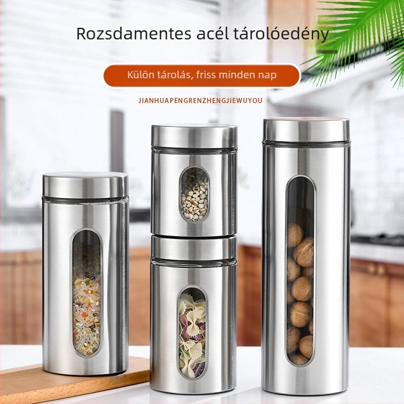 Nagy kapacitású üvegtároló átlátszó testtel és rozsdamentes acél fedéllel; gabonák és tea tárolására.