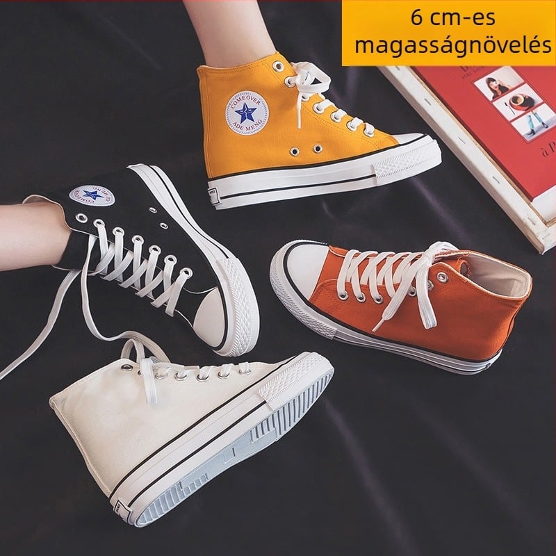 Női vászon sneaker 6 cm-es magasságnöveléssel, magas felső rész, koreai stílusú casual cipő, tavasz 2025 1226