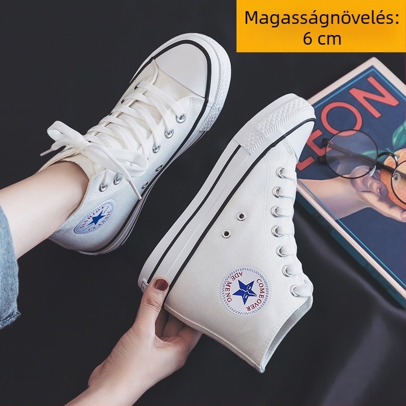 Női vászon sneaker 6 cm-es magasságnöveléssel, magas felső rész, koreai stílusú casual cipő, tavasz 2025 1226