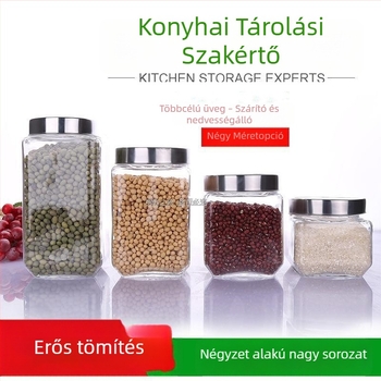 Zárható üveg tárolóedény, nagy kapacitású, nedvességálló élelmiszertároló fedéllel, cukortartó, teás tartó és gabonafélék tárolására szolgáló készlet