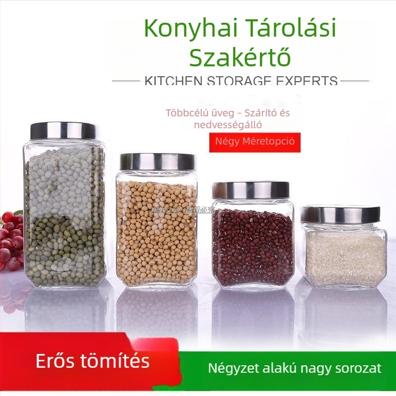 Zárható üveg tárolóedény, nagy kapacitású, nedvességálló élelmiszertároló fedéllel, cukortartó, teás tartó és gabonafélék tárolására szolgáló készlet