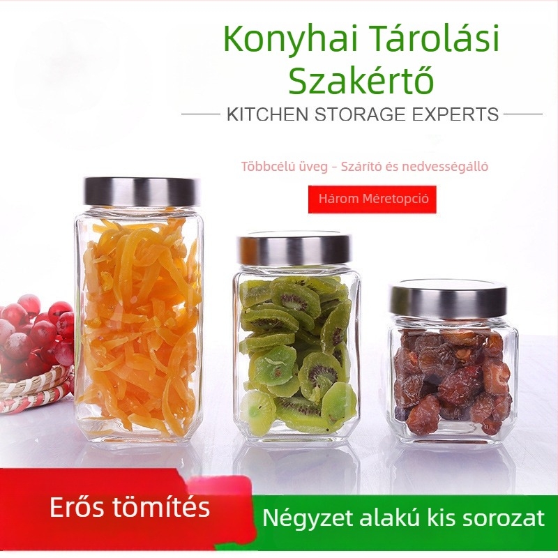 Zárható üveg tárolóedény, nagy kapacitású, nedvességálló élelmiszertároló fedéllel, cukortartó, teás tartó és gabonafélék tárolására szolgáló készlet