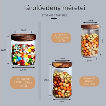 Akácfa tárolóedény zárható boroszilikát üveggel, konyhai tárolásra gabonák és szárított mandarinhéj, ólommentes