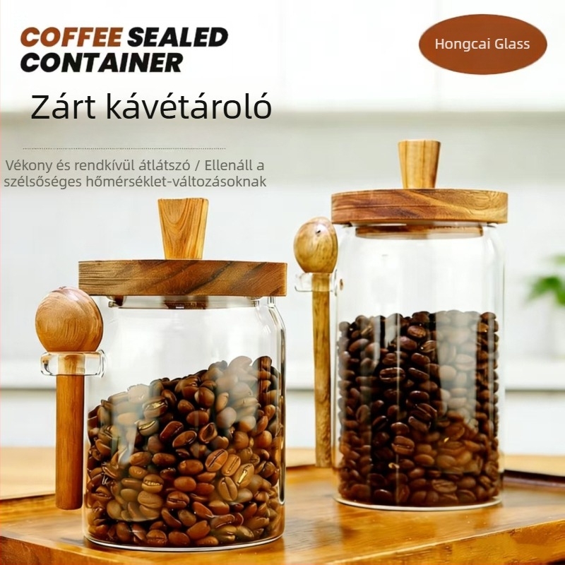 Káveszemek tárolója kanállal, magas minőségű boroszilikát üveg, akácfa fedél, nedvesség- és fényálló