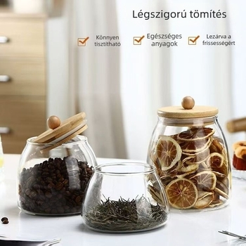 Átlátszó üvegű, bambusz fedéllel záródó tároló teához, gabonához és szárított gyümölcsökhöz – ívelt alakú konyhai tároló