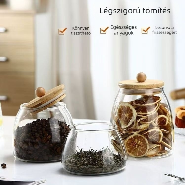 Átlátszó üvegű, bambusz fedéllel záródó tároló teához, gabonához és szárított gyümölcsökhöz – ívelt alakú konyhai tároló