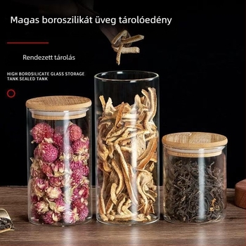 Kerek boroszilikát üveg tárolóedény, nagy kapacitású, nedvességálló és zárható fedél tea tárolásához