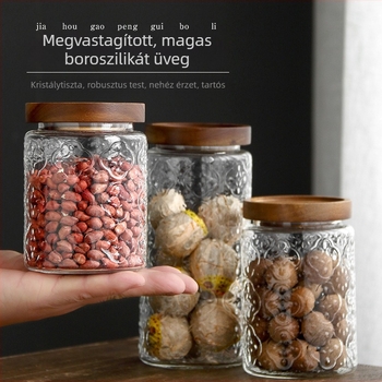 Retro stílusú Begónia virággal zárt tárolóedény, kézzel fújt boroszilikát üveg, akácfa kerettel
