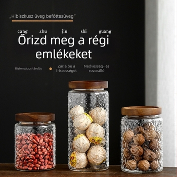 Retro stílusú Begónia virággal zárt tárolóedény, kézzel fújt boroszilikát üveg, akácfa kerettel