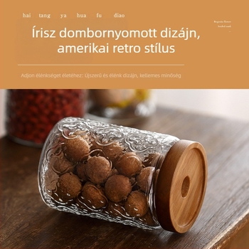 Retro stílusú Begónia virággal zárt tárolóedény, kézzel fújt boroszilikát üveg, akácfa kerettel