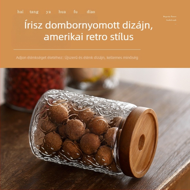 Retro stílusú Begónia virággal zárt tárolóedény, kézzel fújt boroszilikát üveg, akácfa kerettel