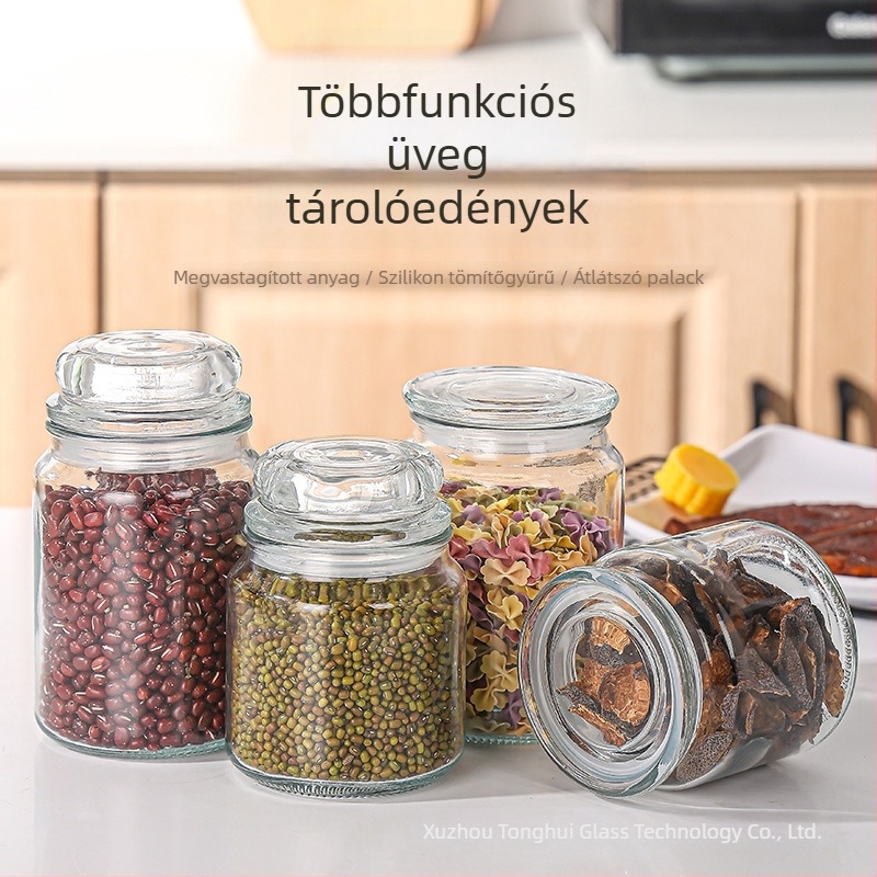 Zárható üveg tárolóedény, kerek formájú, teához, mézhez, savanyúsághoz és csípős szószokhoz, 750 ml