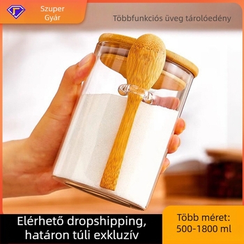 Zárható boroszilikát üvegből készült tárolóedény, áttetsző cukortartó kanállal, konyhai rendszerezés