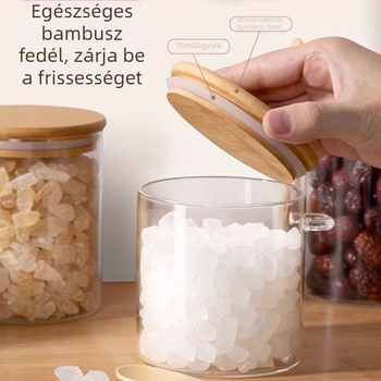 Zárható boroszilikát üvegből készült tárolóedény, áttetsző cukortartó kanállal, konyhai rendszerezés