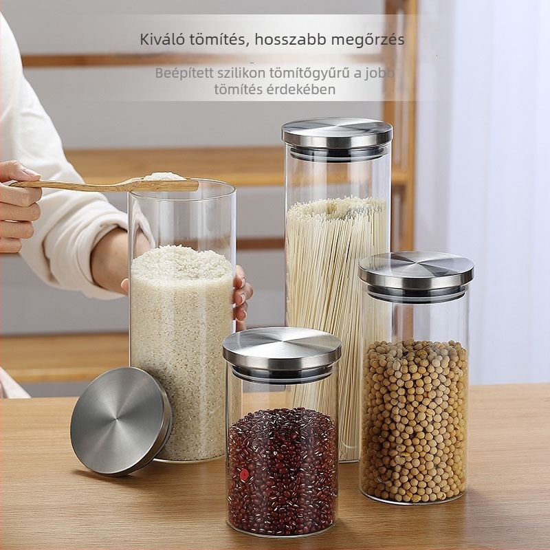 Rozsdamentes acél fedelű üvegtároló, hermetikusan zárt konyhai fűszerezéshez, átlátszó 1–2 L